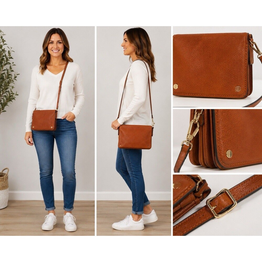 Street Level Cognac Brown Faux Leather Zip/Snap Top Shoulder/ Crossbody Bag